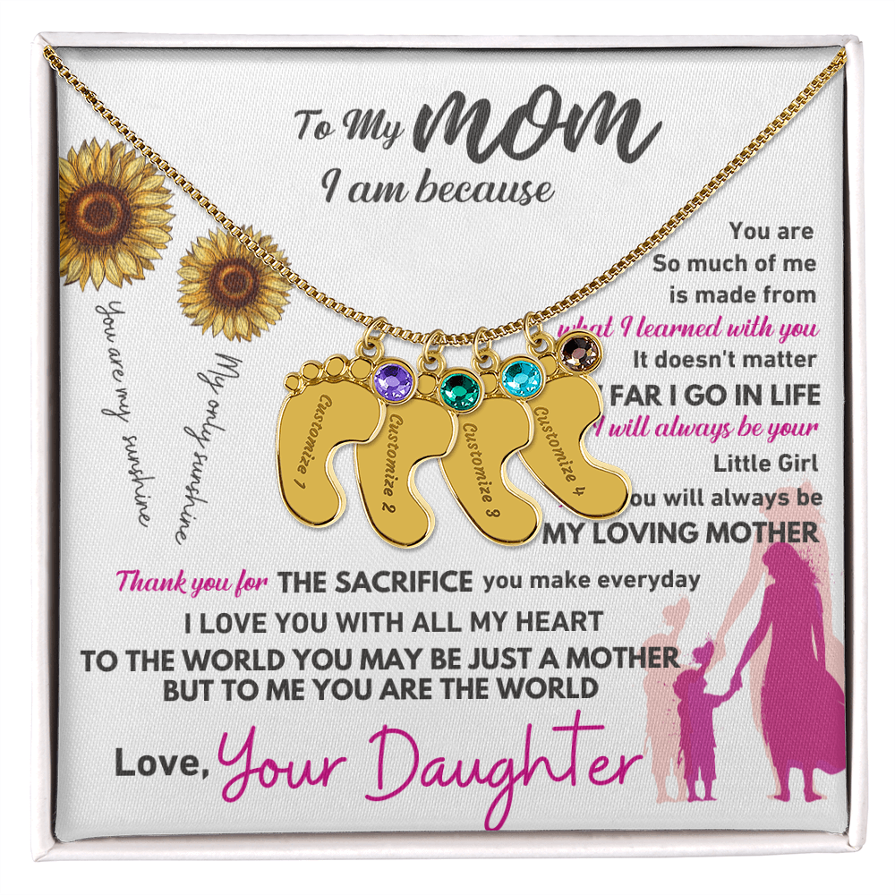 Custom Engraved Baby Feet Necklace with Birthstone - To My Mom