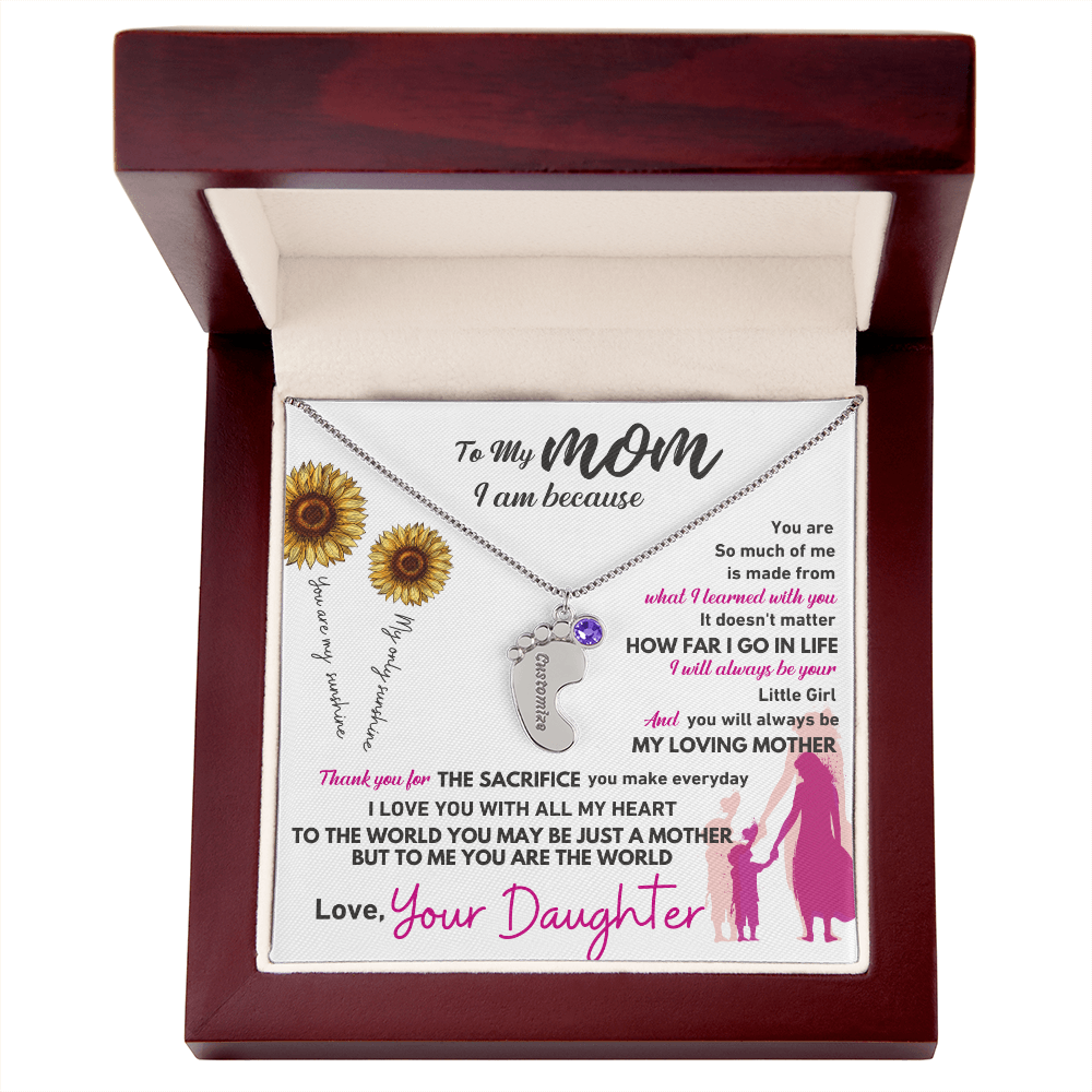 Custom Engraved Baby Feet Necklace with Birthstone - To My Mom
