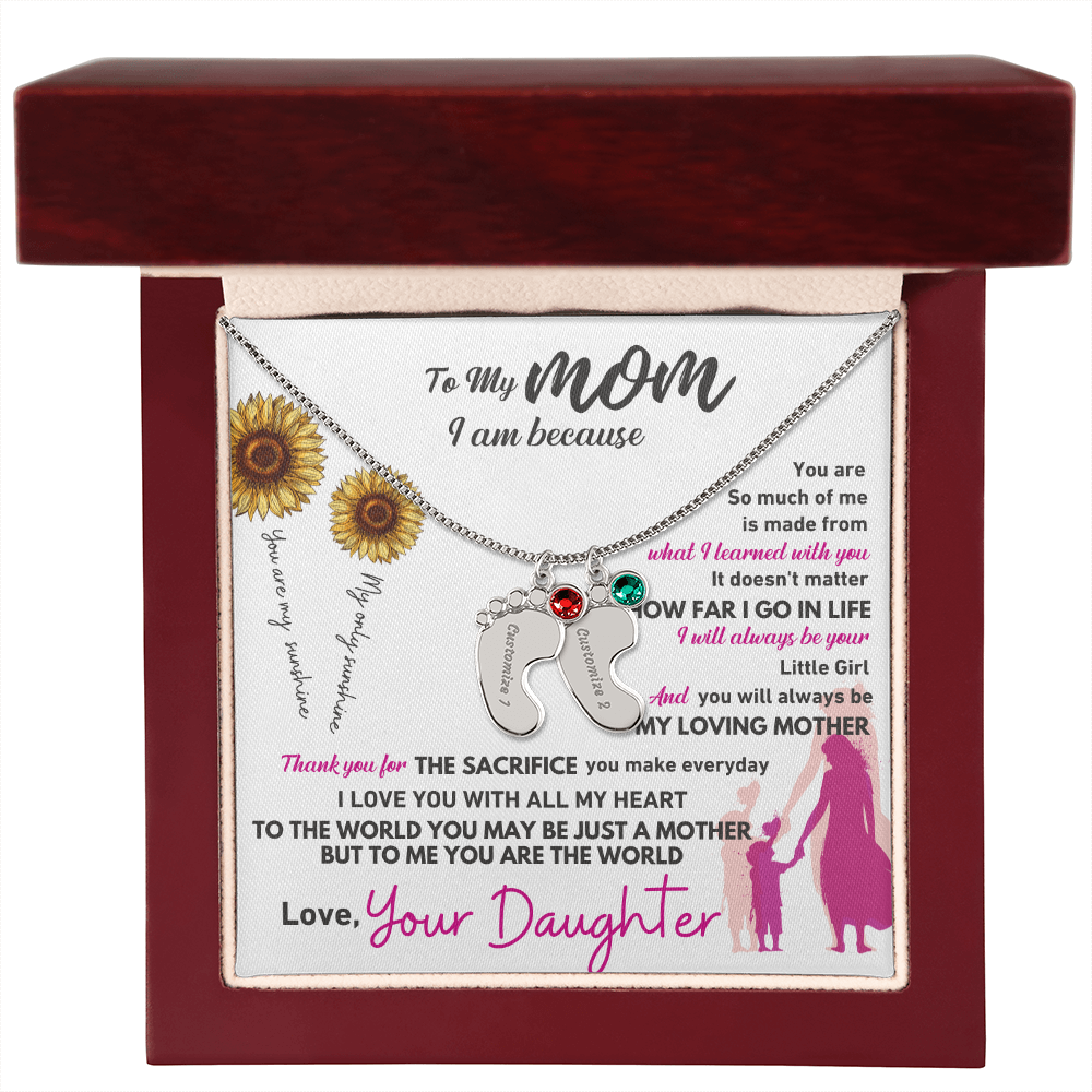 Custom Engraved Baby Feet Necklace with Birthstone - To My Mom
