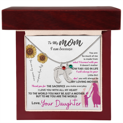 Custom Engraved Baby Feet Necklace with Birthstone - To My Mom