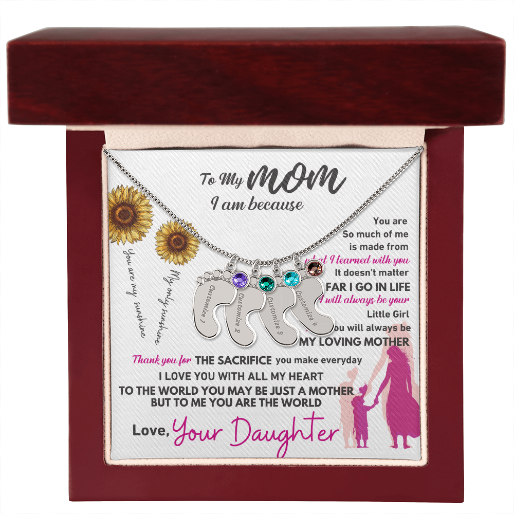 Custom Engraved Baby Feet Necklace with Birthstone - To My Mom