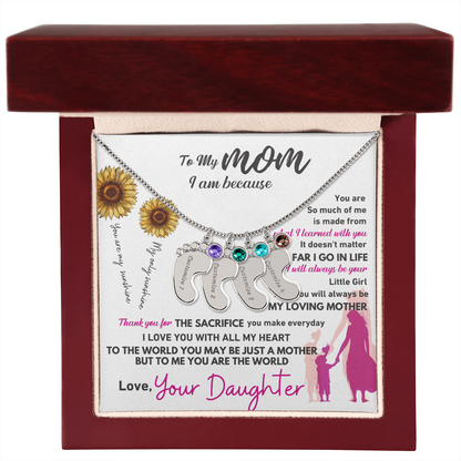 Custom Engraved Baby Feet Necklace with Birthstone - To My Mom