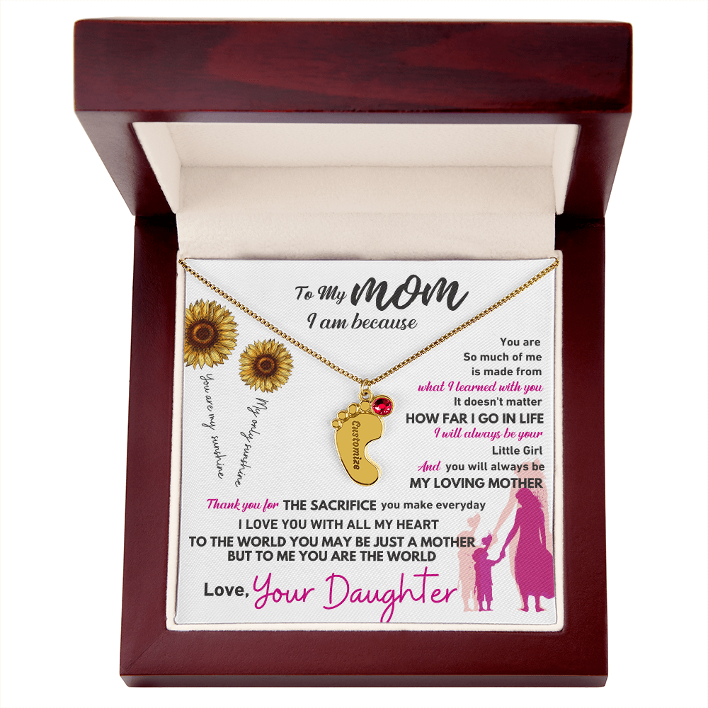 Custom Engraved Baby Feet Necklace with Birthstone - To My Mom