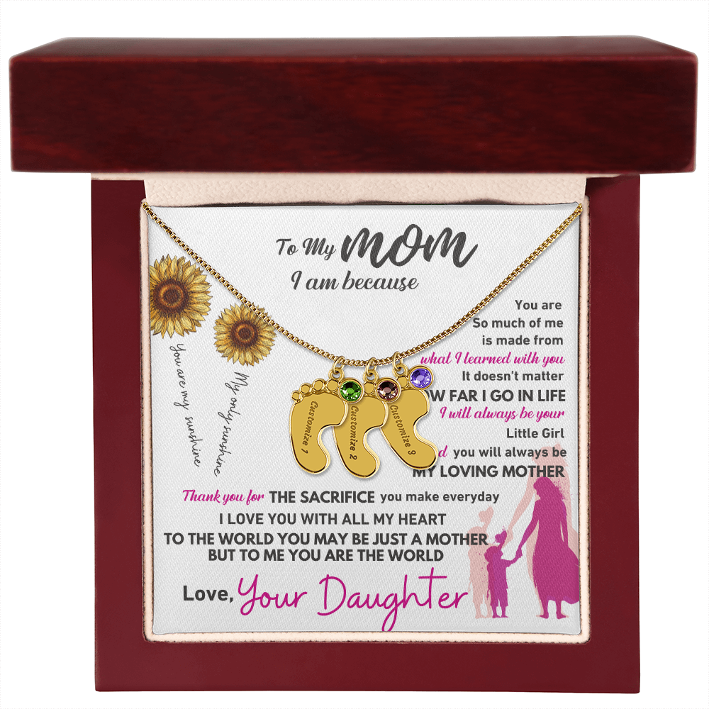 Custom Engraved Baby Feet Necklace with Birthstone - To My Mom