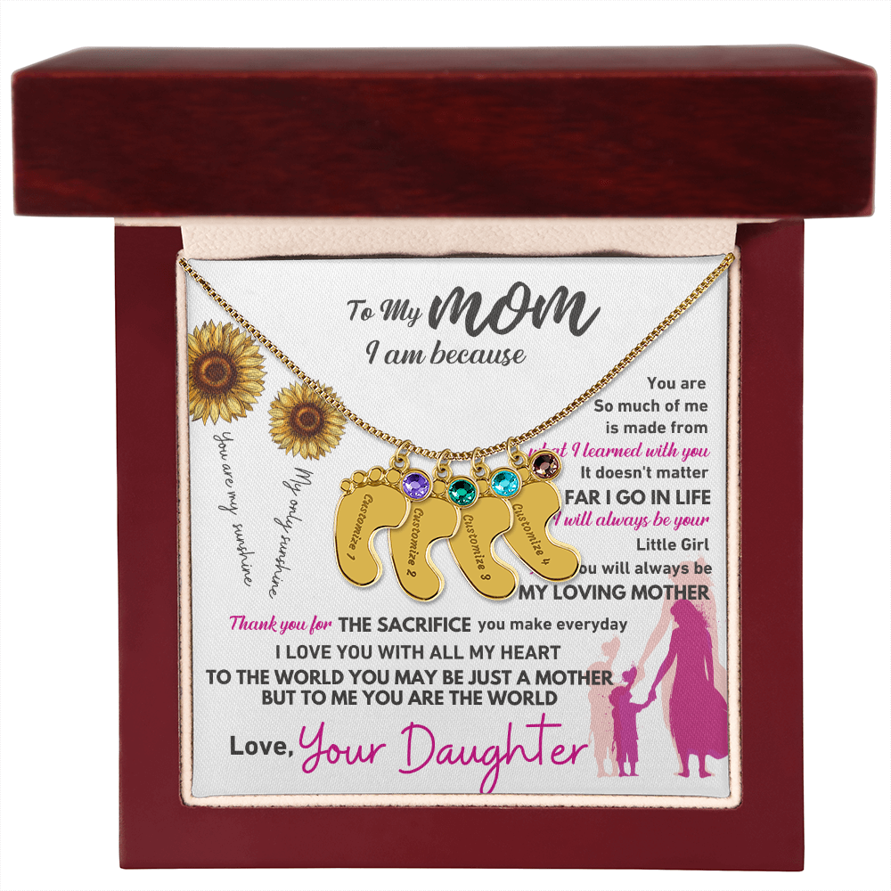 Custom Engraved Baby Feet Necklace with Birthstone - To My Mom