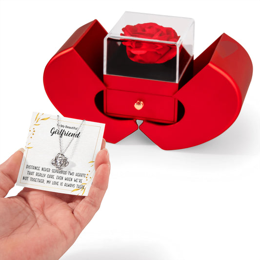 Love Knot Necklace with Red Heart Rose Box and Personalized Card for Your Girlfriend
