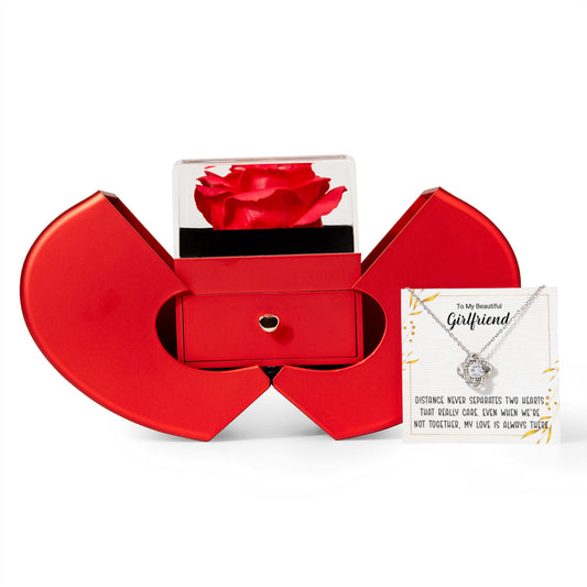 Love Knot Necklace with Red Heart Rose Box and Personalized Card for Your Girlfriend