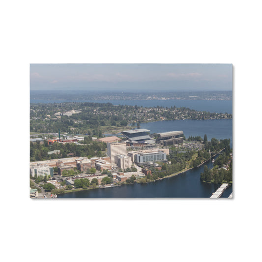 Canvas Wall Art - Aerial view of Seattle, Washington, with a focus on the University of Washington campus and the Husky Stadium football facility