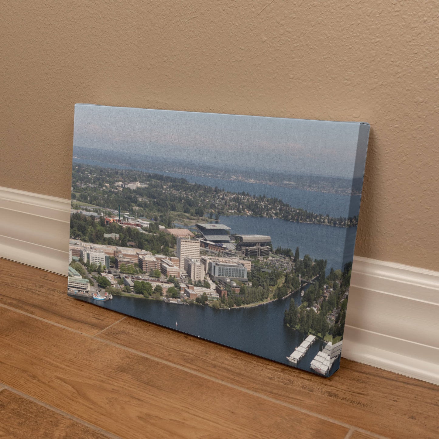 Canvas Wall Art - Aerial view of Seattle, Washington, with a focus on the University of Washington campus and the Husky Stadium football facility