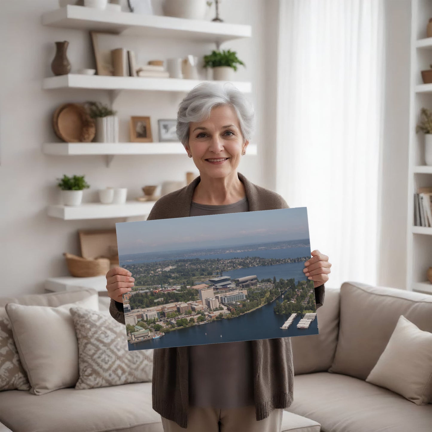Canvas Wall Art - Aerial view of Seattle, Washington, with a focus on the University of Washington campus and the Husky Stadium football facility