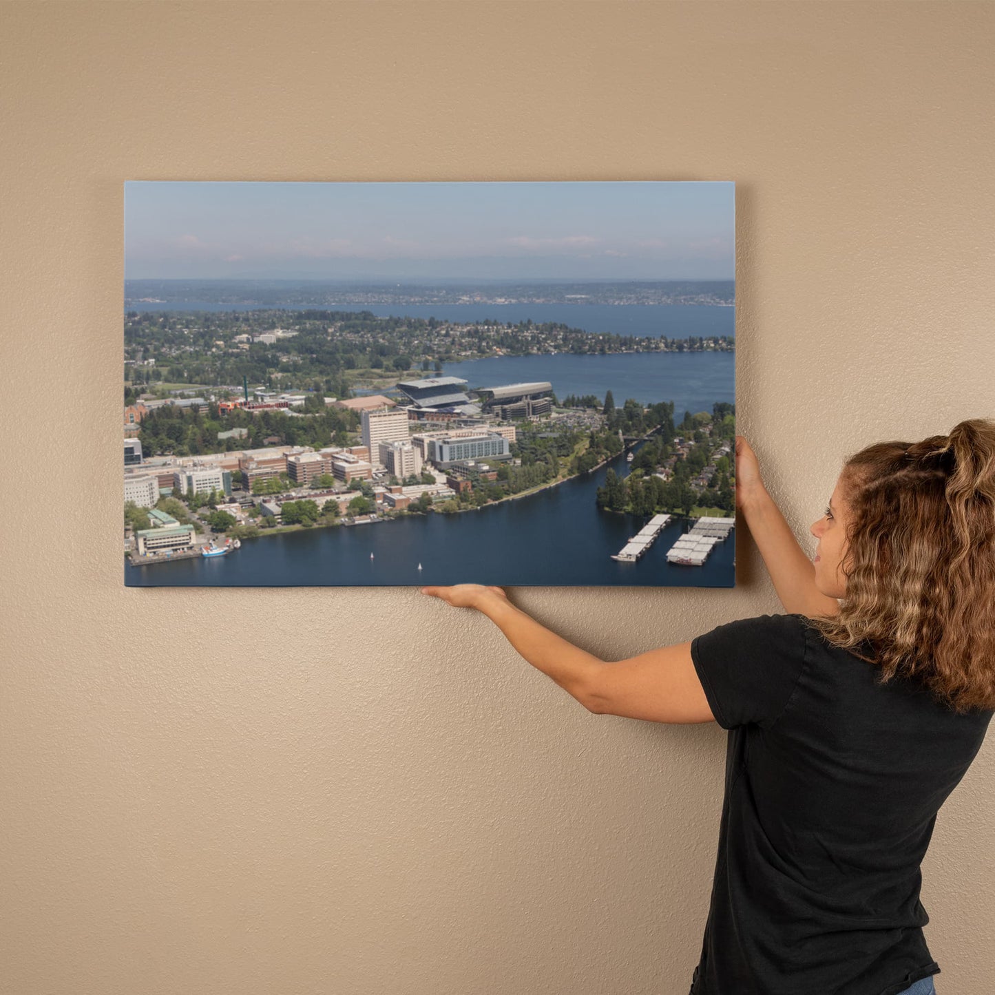 Canvas Wall Art - Aerial view of Seattle, Washington, with a focus on the University of Washington campus and the Husky Stadium football facility