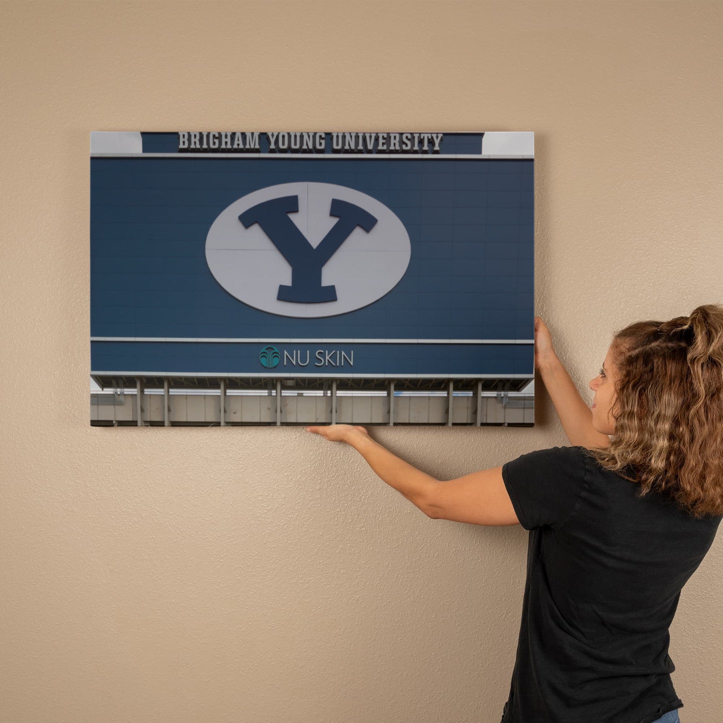 Canvas Wall Art - The simple Y, erected here on the back of the football stadium scoreboard, has become a symbol at Brigham Young University in Provo, Utah