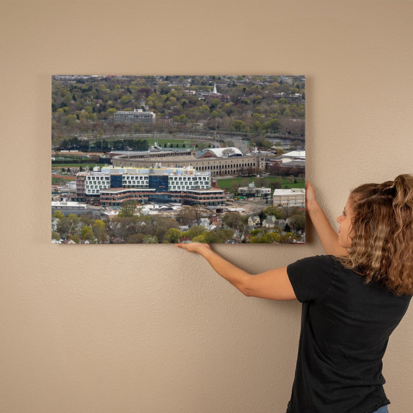 Canvas Wall Art - Aerial view of Boston, Massachusetts, with a focus on Boston University and its U-shaped football stadium