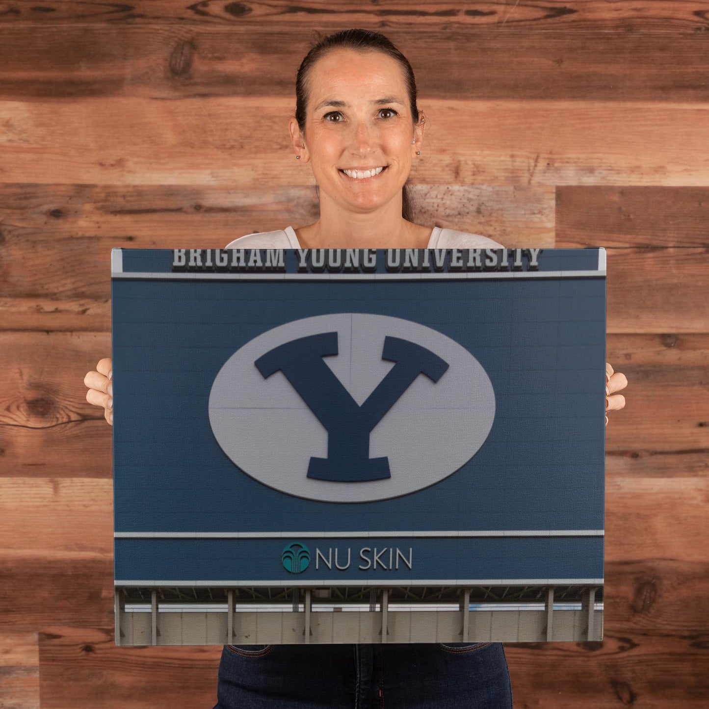 Canvas Wall Art - The simple Y, erected here on the back of the football stadium scoreboard, has become a symbol at Brigham Young University in Provo, Utah
