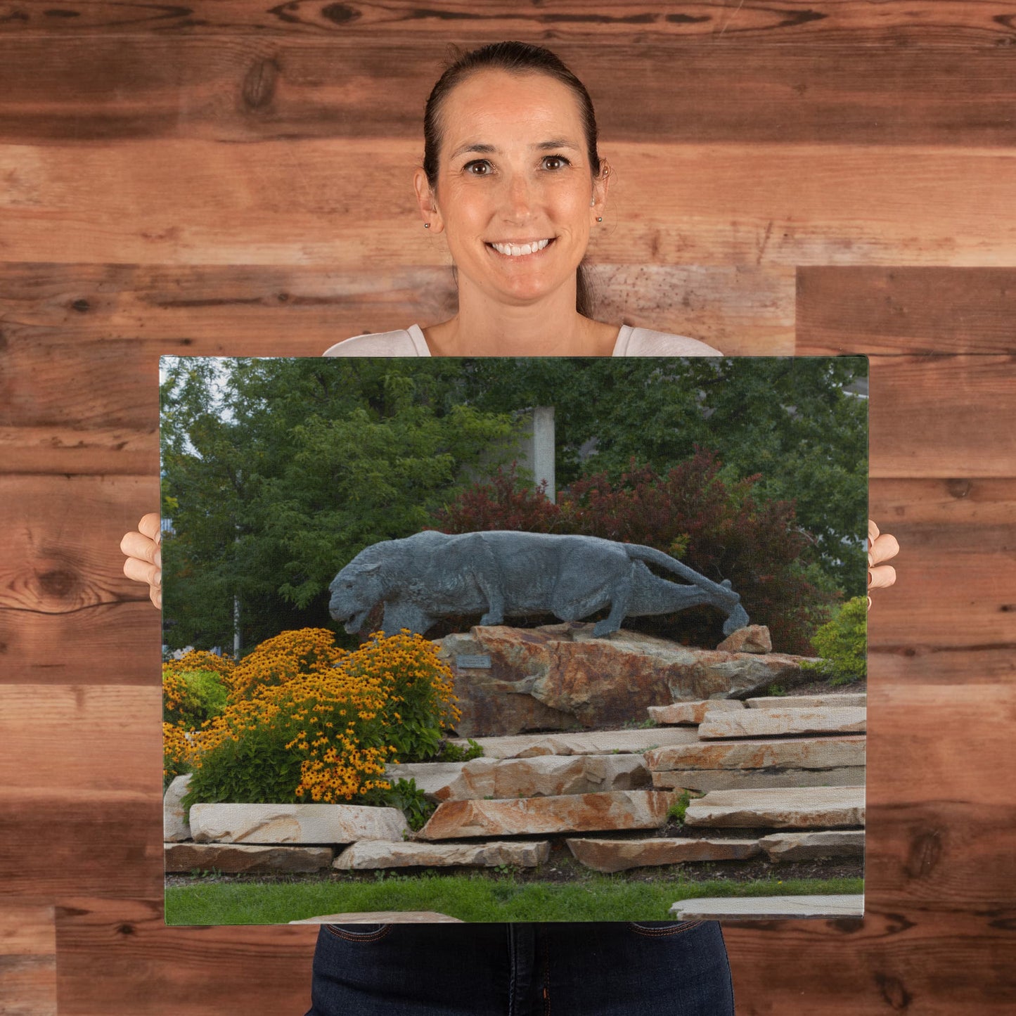 Canvas Wall Art - Statue of a stalking cougar outside the football stadium at Brigham Young University in Provo, city in the western state of Utah
