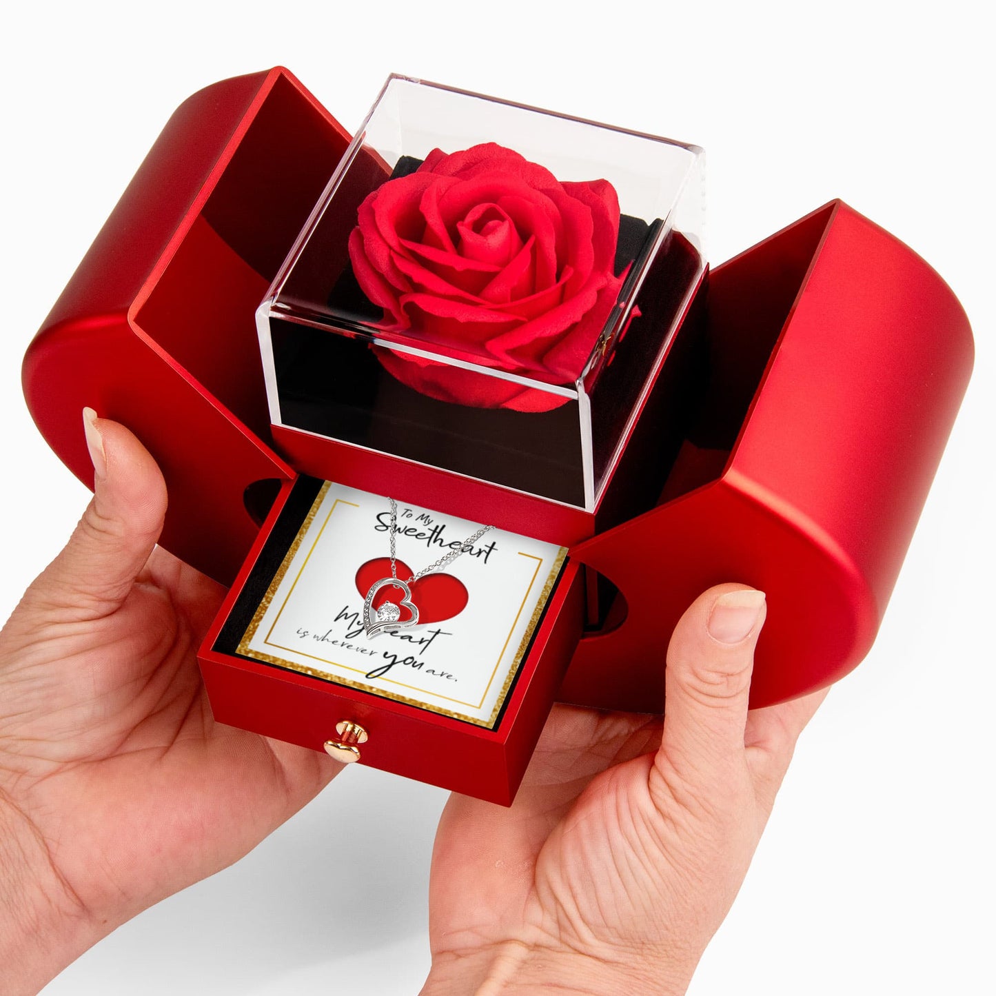 Forever Love Necklace with Red Heart Rose Box and Personalized Card for Your Sweetheart