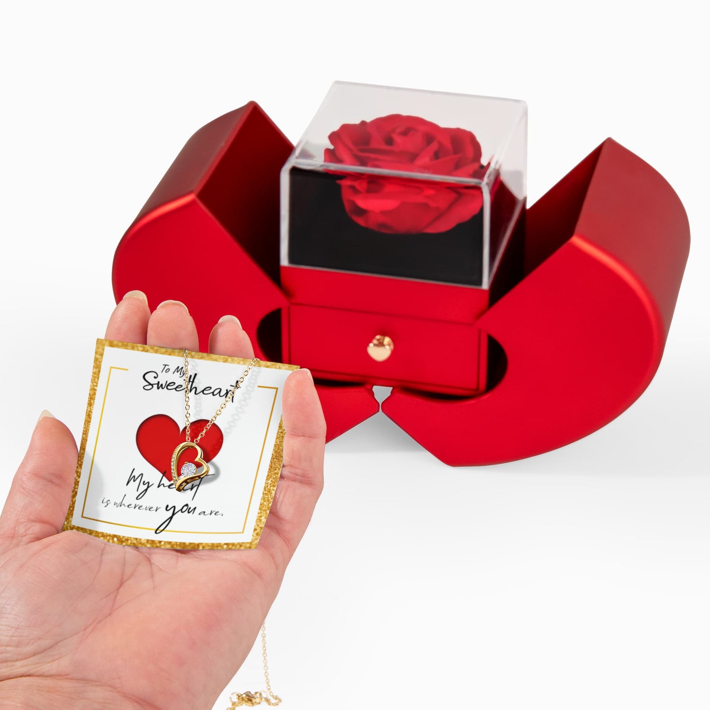Forever Love Necklace with Red Heart Rose Box and Personalized Card for Your Sweetheart