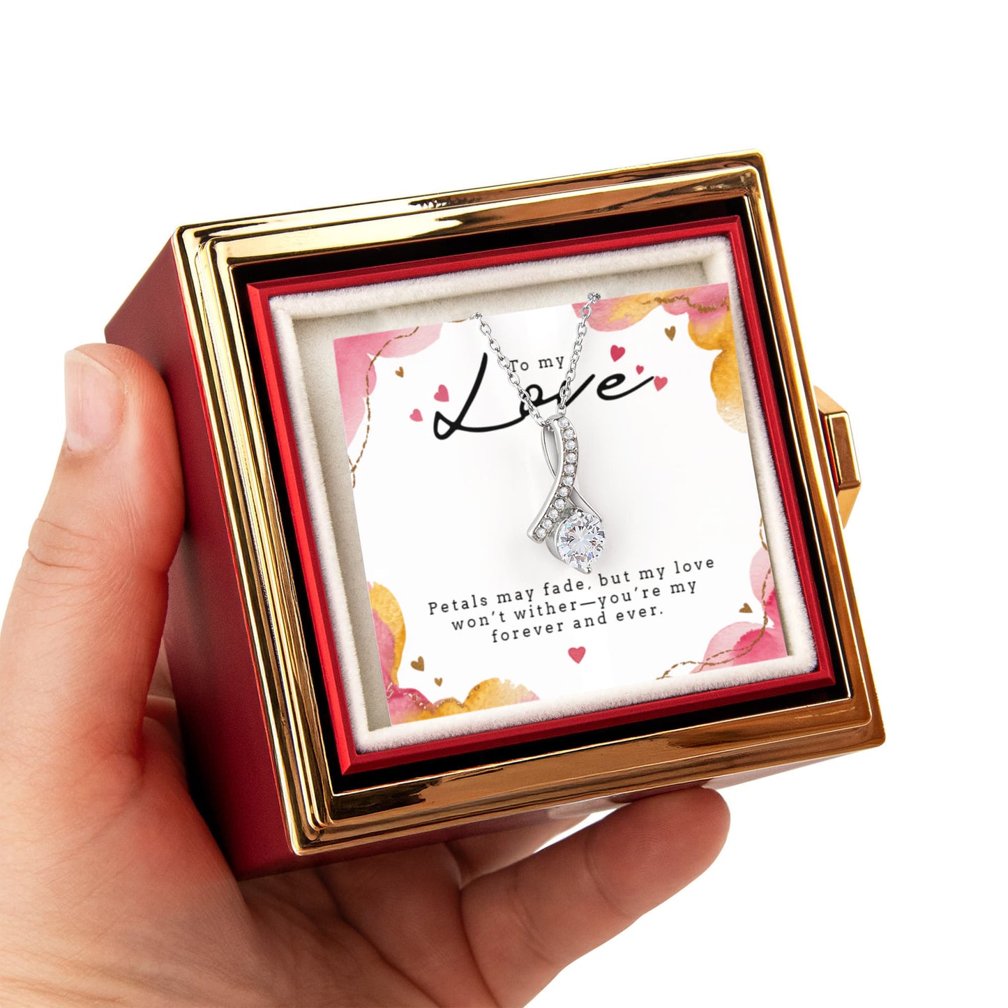 Alluring Beauty Necklace with Rotating Rose Gift Box and Personalized Card for your Love