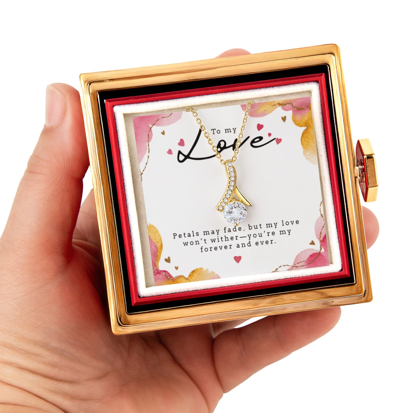 Alluring Beauty Necklace with Rotating Rose Gift Box and Personalized Card for your Love