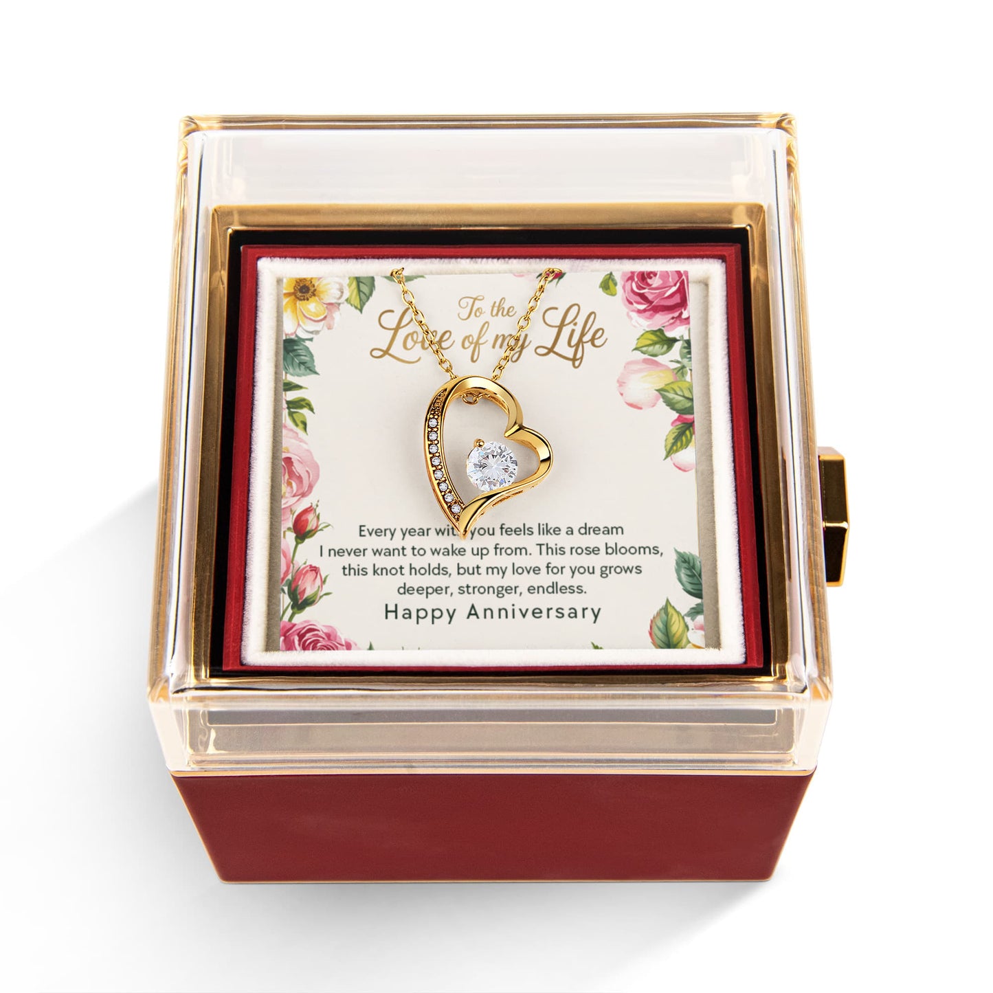 Forever Love Necklace with Rotating Rose Gift Box and Personalized Card for Your Love