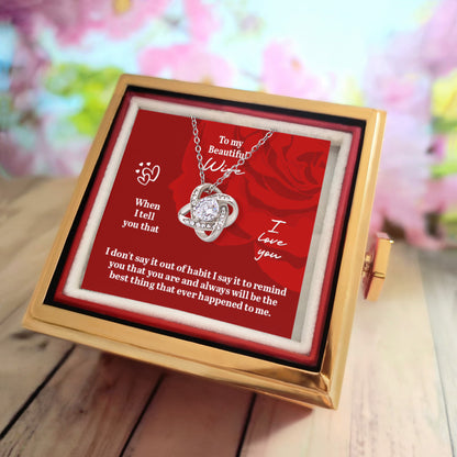 Love Knot Necklace with Rotating Rose Gift Box and Personalized Card for Your Wife