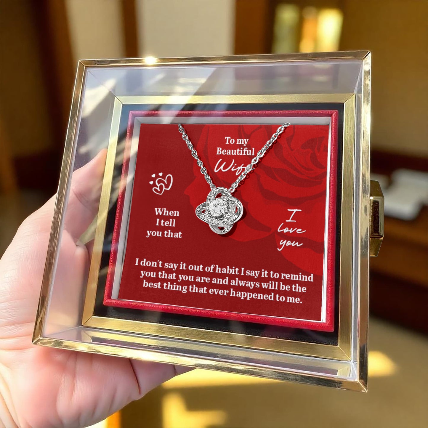 Love Knot Necklace with Rotating Rose Gift Box and Personalized Card for Your Wife