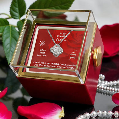 Love Knot Necklace with Rotating Rose Gift Box and Personalized Card for Your Wife