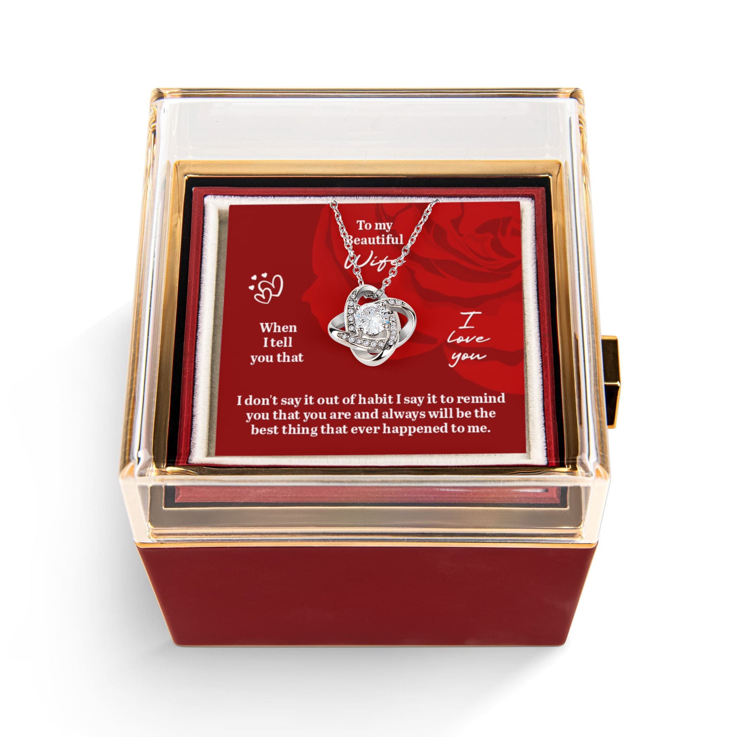 Love Knot Necklace with Rotating Rose Gift Box and Personalized Card for Your Wife