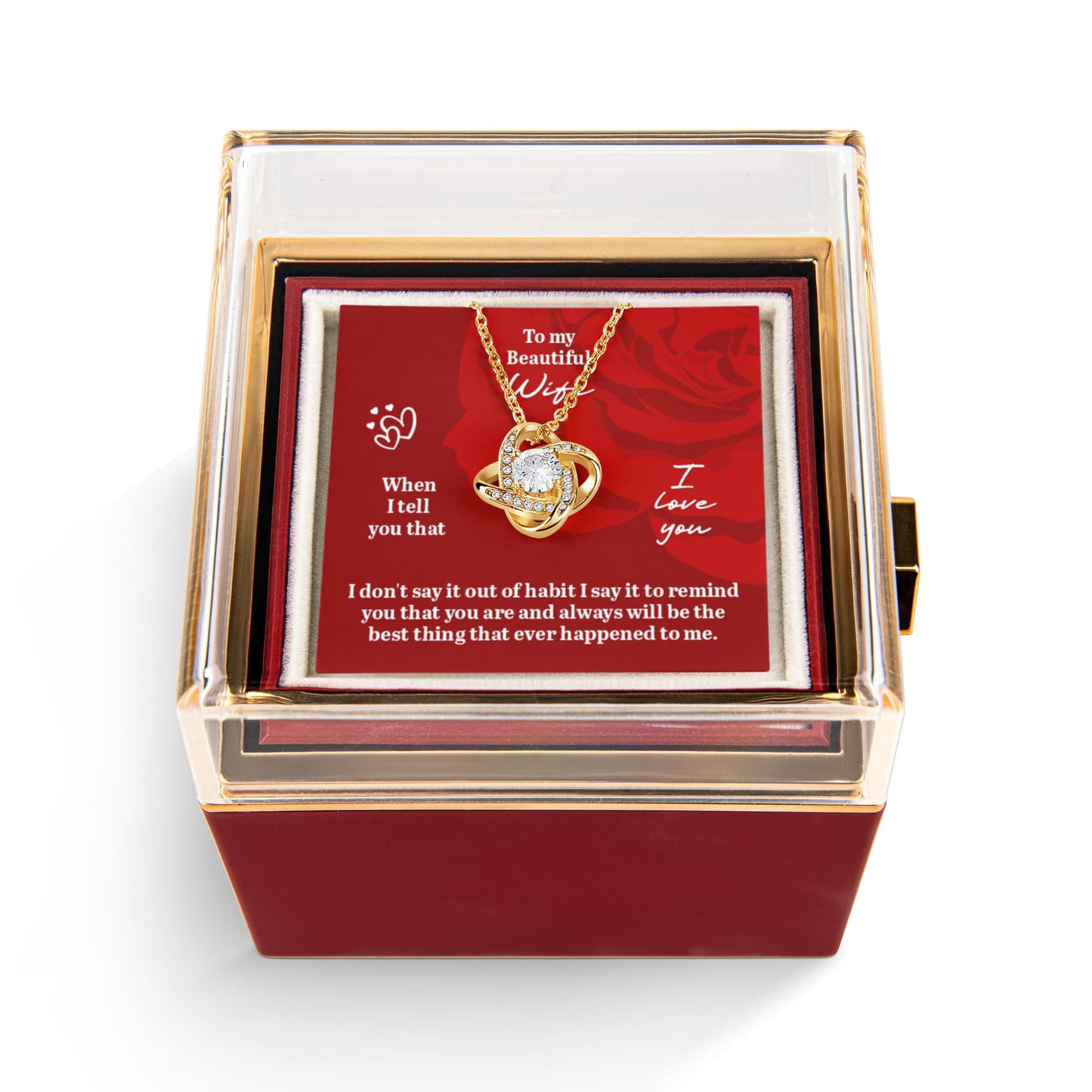 Love Knot Necklace with Rotating Rose Gift Box and Personalized Card for Your Wife