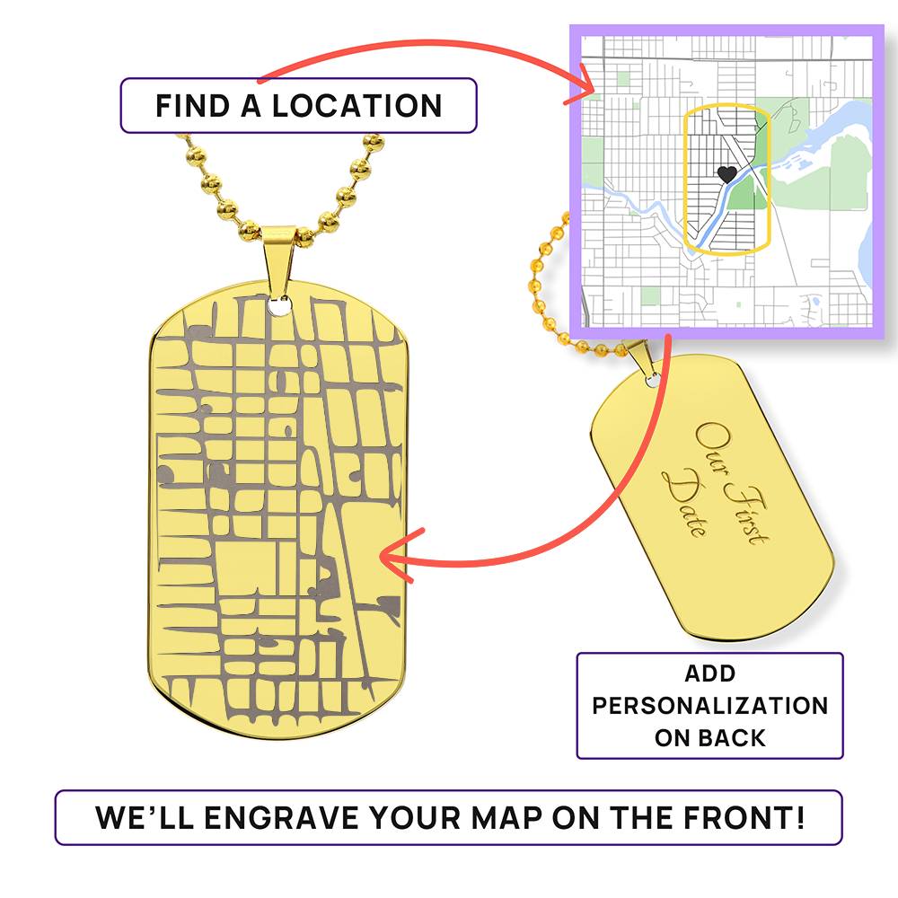 Engraved Map Dog Tag Necklace - Personalized Location Pendant