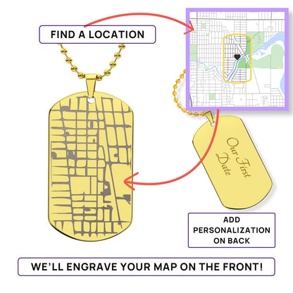 Engraved Map Dog Tag Necklace - Personalized Location Pendant