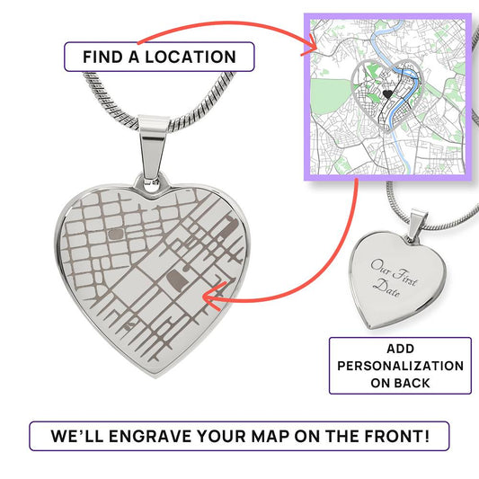 Engraved Heart Map Necklace - Personalized Location Pendant