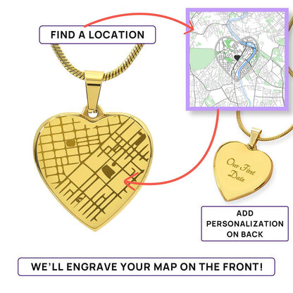 Engraved Heart Map Necklace - Personalized Location Pendant