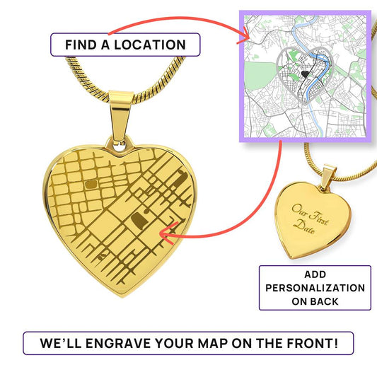 Engraved Heart Map Necklace - Personalized Location Pendant