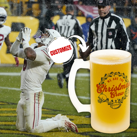 Beer mug with 'We Are the Christmas Crew' design on a football field background